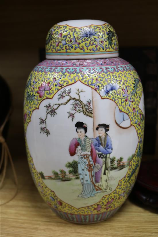 A Chinese jar and cover, a pottery vessel and a lacquer cabinet vase height 30cm